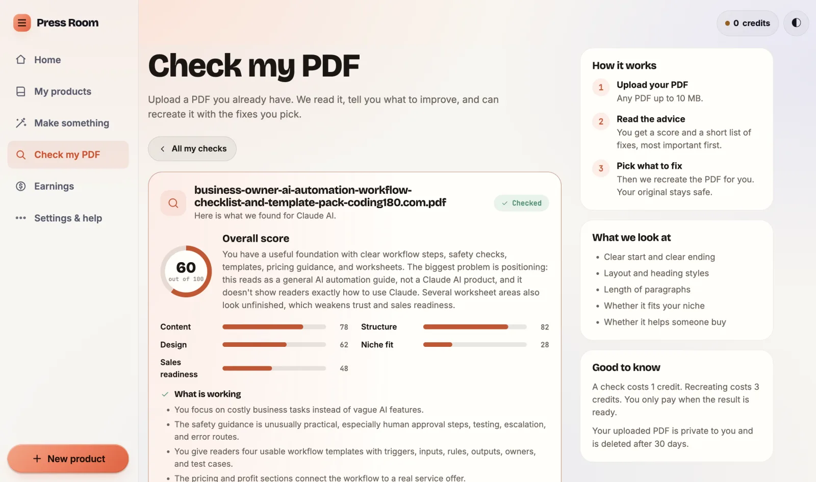 Gumroad PDF Factory Check my PDF report with an overall score and what is working
