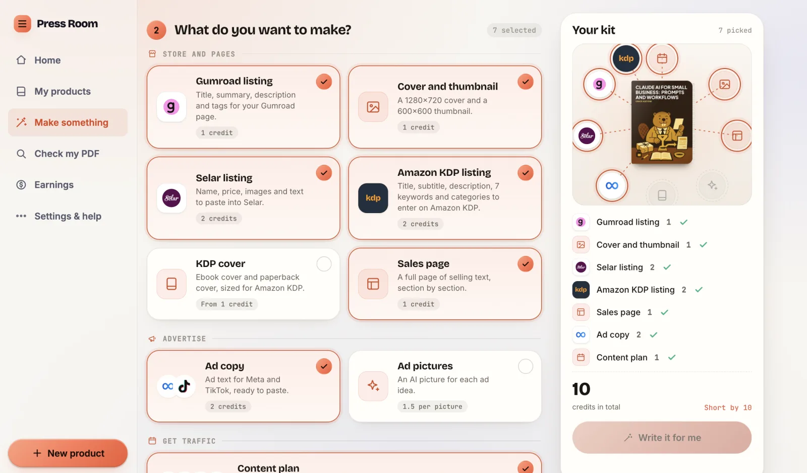Gumroad PDF Factory make something screen with listing, cover, ad and content plan options and a credit total