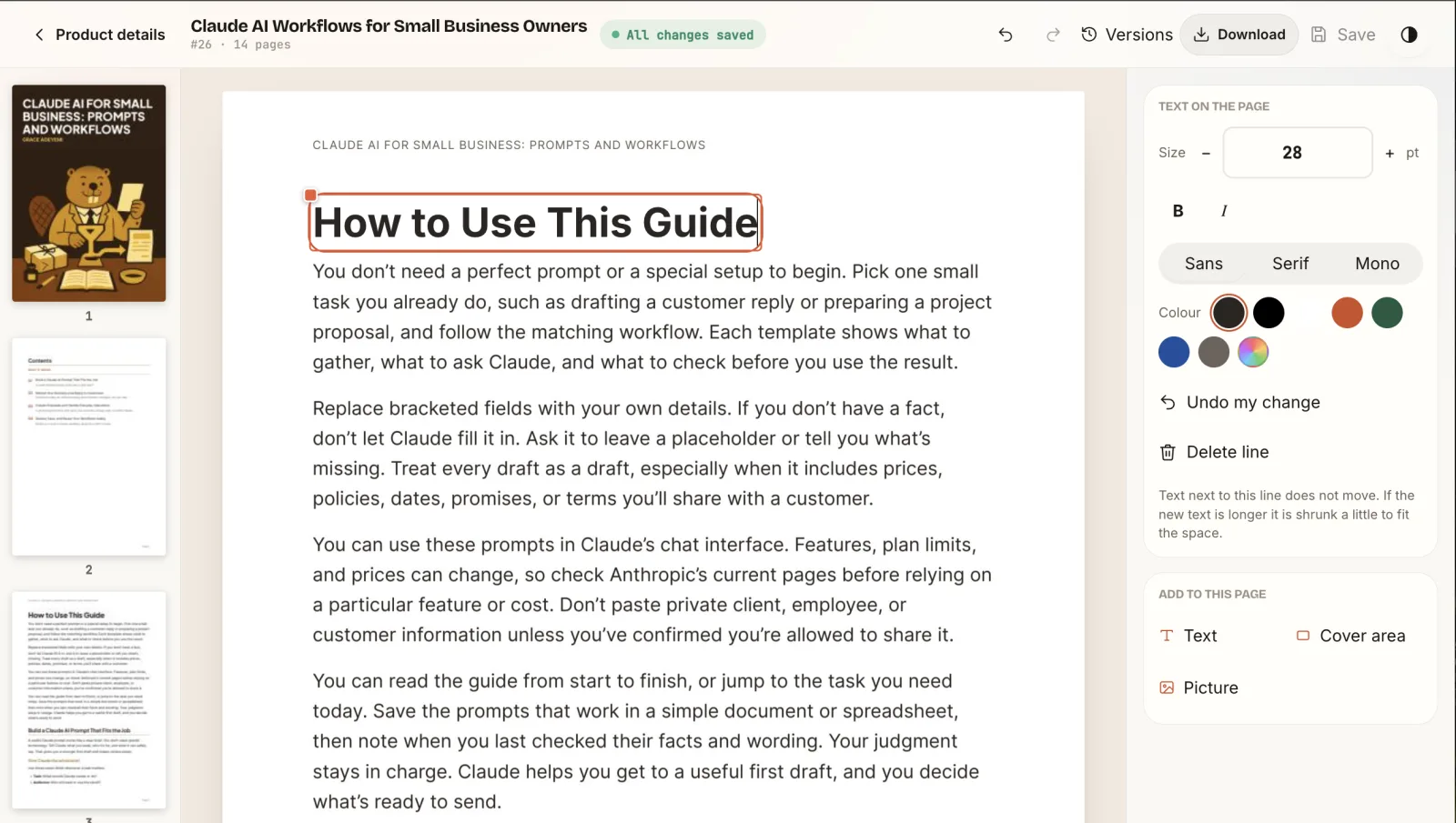 Gumroad PDF Factory built-in PDF editor with text size, font and colour controls