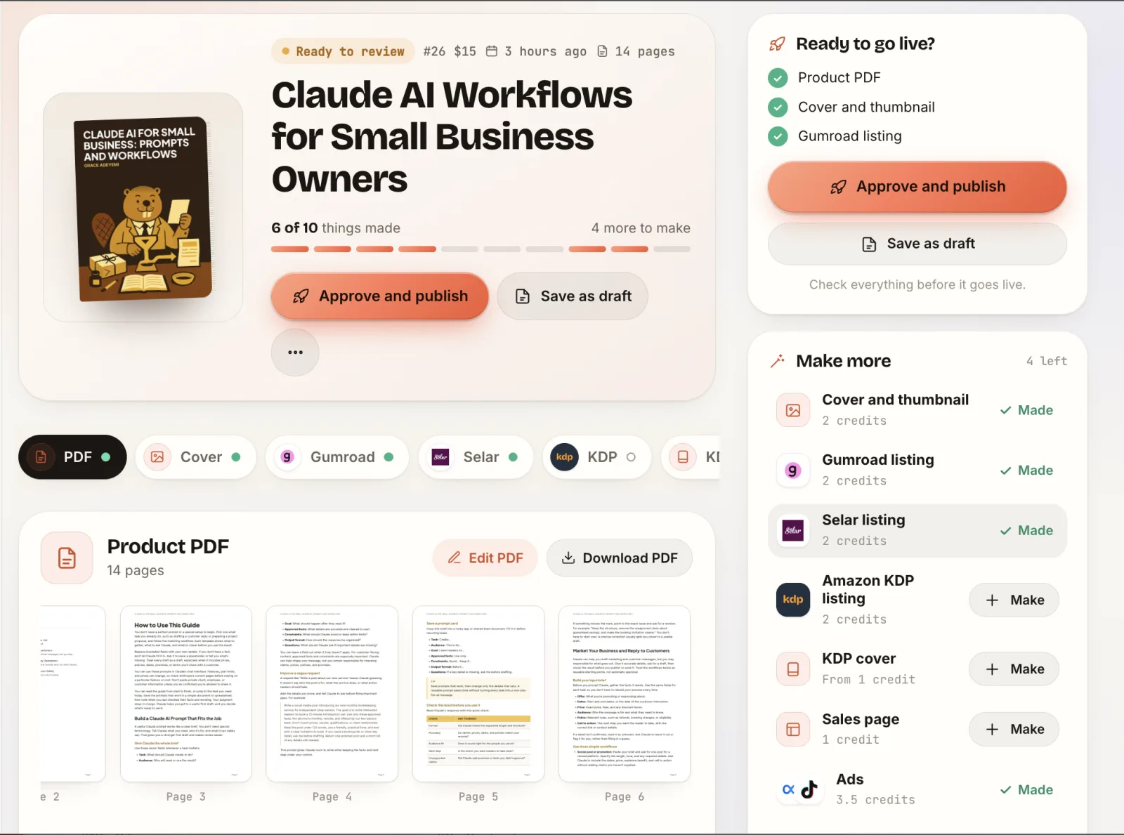Gumroad PDF Factory product page with the PDF preview, cover and Approve and publish button